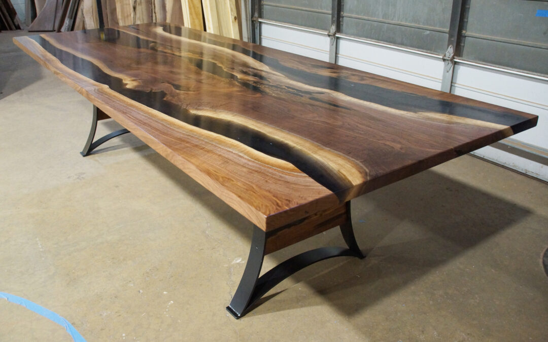 Walnut Dining Table With Translucent Black Epoxy River & Stones