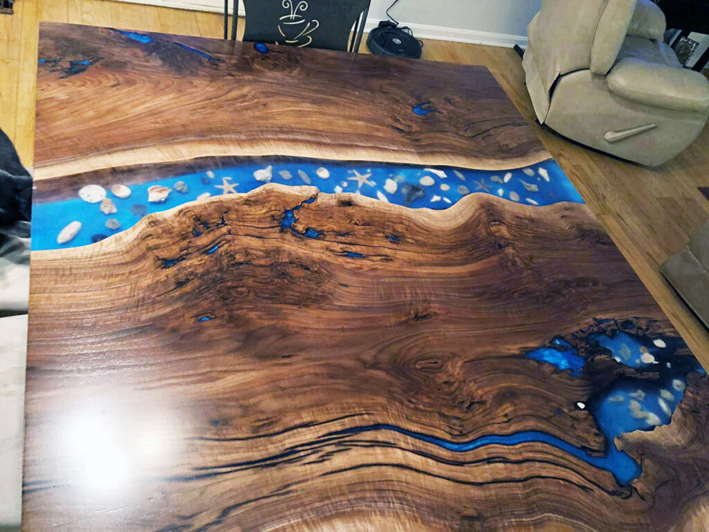 http://Live%20Edge%20Walnut%20Blue%20River%20Table%20With%20Embedded%20Seashells%204