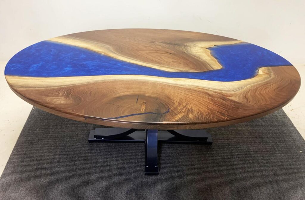 http://Oval%20Walnut%20Dining%20Table%20With%20Blue%20Steel%20Base%201