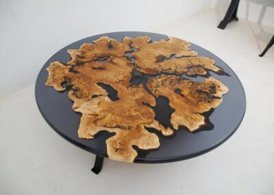 translucent black epoxy maple burl coffee table custom wood furniture